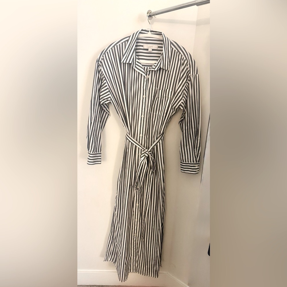 Loft poplin Black and White Striped Shirt Dress